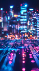 Leinwandbilder - Digital circuit board merging with defocused city lights creating a futuristic cityscape at night