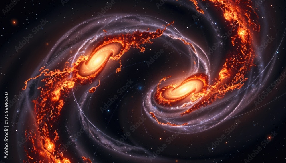 Fiery cosmic dance Two swirling galaxies collide in breathtaking ...