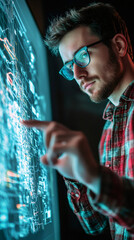 Leinwandbilder - Software engineer wearing glasses pointing at futuristic glowing big data network displayed on interactive digital touchscreen interface