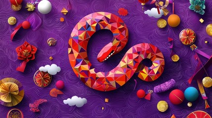 Poster - Vibrant Geometric Illustration of a Red Snake Surrounded by Colorful Elements on a Purple Background