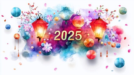 Poster - Vibrant Watercolor Design Featuring Lanterns and Flowers for Celebrating the Year 2025