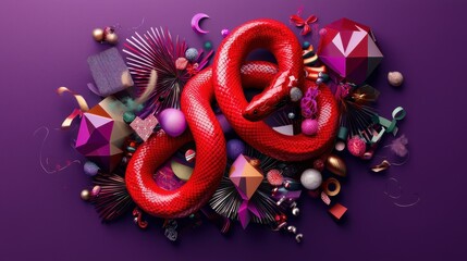Poster - Artistic Representation of Snake Surrounded by Geometric Shapes and Colorful Decorations