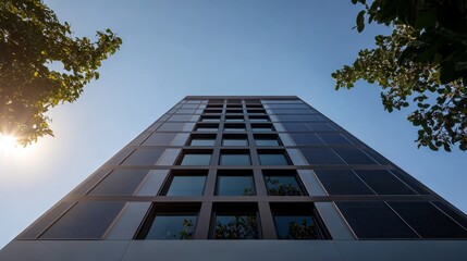Aufkleber - Contemporary office structure features a green glass facade reflecting the blue sky, with solar panels and a landscaped garden promoting sustainability