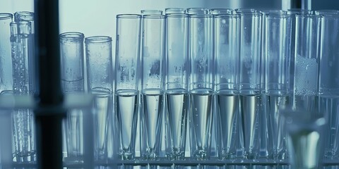 Leinwandbilder - test tubes placed in a rack, with various chemical reactions taking place, highlighting the essence of experimental research.