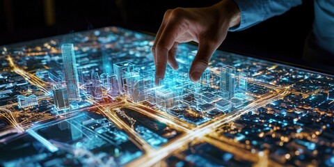 Poster - An advanced urban innovation interface with holographic overlays, real-time city data, and responsive design elements for smart infrastructure.