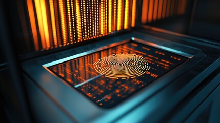 Aufkleber - Close-up view of a fingerprint scanner on a secured vault, showcasing biometric authentication and surface details for asset protection.