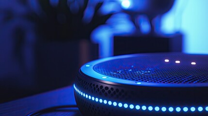 Fototapete - Close-up view of a smart speaker featuring LED alerts and voice command, demonstrating IoT integration in everyday life.