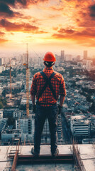 Poster - Construction worker wearing safety helmet standing on rooftop watching urban skyline at sunset, concept of real estate development