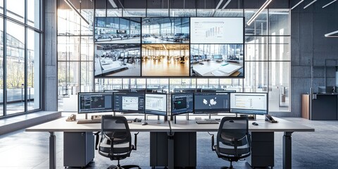 Leinwandbilder - High-tech office designed for productivity, featuring ergonomic furniture, digital screens, and collaborative zones that inspire creativity.