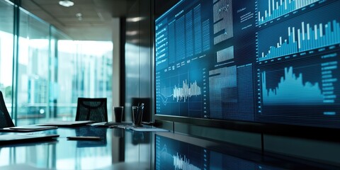 Poster - Financial statement presentation in a boardroom, featuring charts and graphs on a large screen in a professional setting.