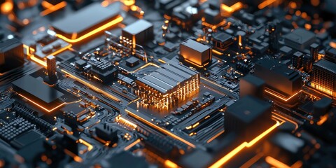 Leinwandbilder - A detailed view of an innovative building design, incorporating robotic features, smart technology, and a sleek, futuristic cityscape.