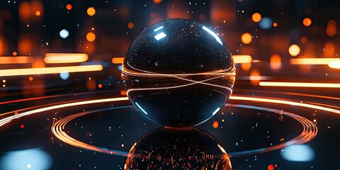 Poster - a metallic sphere floating in space, encircled by holographic rings and glowing constellations, reflecting cutting-edge technology.