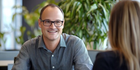 Fototapete - A professional customer service representative interacts positively with clients, offering a friendly smile and attentive listening in a modern office.
