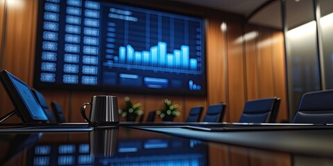 Leinwandbilder - Financial statement presentation in a boardroom, featuring charts and graphs on a large screen in a professional setting.