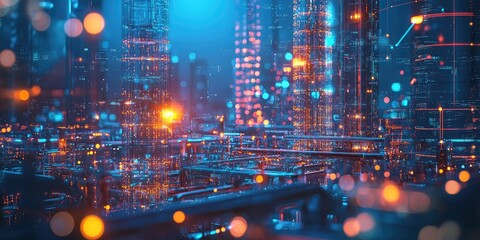 Poster - A futuristic city under a neon-lit sky, featuring luminous towers, vibrant energy grids, and advanced transport systems.