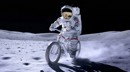 Wall Mural - astronaut riding a bicycle on the moon's surface