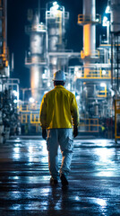 Poster - Industrial engineer walking through a nighttime refinery, dressed in safety clothing and helmet, navigating the complex environment