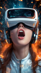 Poster - Woman with futuristic headset experiencing virtual reality in metaverse, exploring augmented reality simulation with special effects