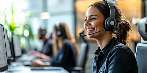 Fototapete - Customer service agents engage in client interactions, offering personalized assistance and solutions in a contemporary office space.