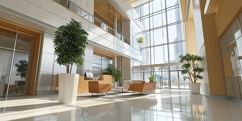 Leinwandbilder - Innovative corporate office with open layouts, high ceilings, and chic furniture, supporting forward-thinking business practices.