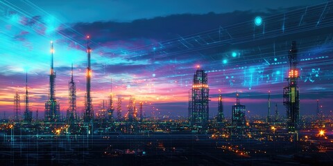Poster - A futuristic city under a neon-lit sky, featuring luminous towers, vibrant energy grids, and advanced transport systems.