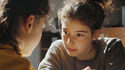 Aufkleber - Teacher assisting a student with a task, close-up on focused interaction, warm classroom setting highlights the supportive nature of education
