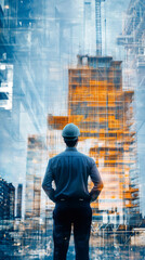 Poster - Construction manager wearing safety helmet looking at building project with double exposure effect