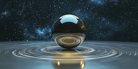 Poster - a metallic sphere floating in space, encircled by holographic rings and glowing constellations, reflecting cutting-edge technology.