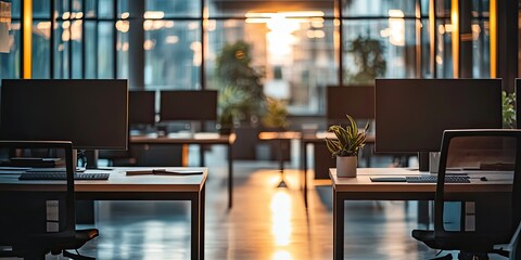 Leinwandbilder - Innovative corporate office with open layouts, high ceilings, and chic furniture, supporting forward-thinking business practices.