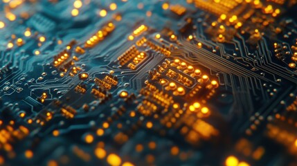 Poster - close up view of a printed circuit board featuring integrated circuits and transistors, illuminated 