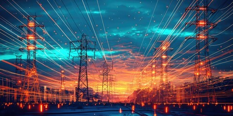 Aufkleber - A futuristic city under a neon-lit sky, featuring luminous towers, vibrant energy grids, and advanced transport systems.
