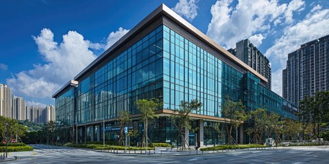Fototapete - Modern glass bank building in a bustling urban area, with a sleek design representing financial strength.