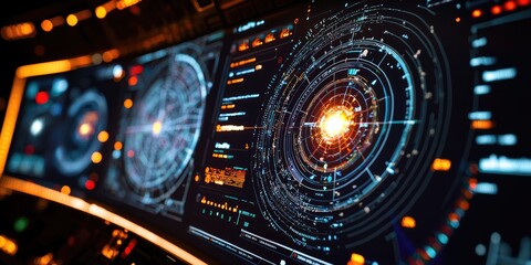 Poster - Interactive space command interface, showcasing advanced celestial charts, digital readouts, and responsive control panels.