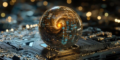Poster - Detailed view of a futuristic orb reflecting a galaxy, with intricate circuits running across its surface, blending tech with celestial wonder.