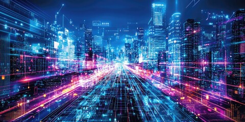 Aufkleber - A futuristic urban setting bathed in neon lights, with high-tech buildings, glowing pathways, and cutting-edge infrastructure.