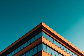 Aufkleber - Modern building features bright orange exterior and reflective windows, surrounded by minimalist landscaping, under a vibrant blue sky