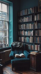 Wall Mural - Cozy reading nook with teal armchair, bookshelves, and large window.