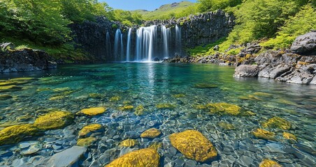 Wall Mural - Serene waterfall cascading into crystal-clear pool.