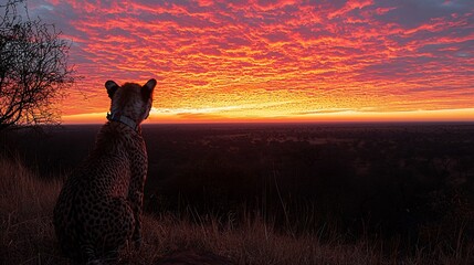 Wall Mural - Cheetah watching sunrise over African savanna.