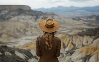 Sticker - Woman in hat admiring desert landscape.