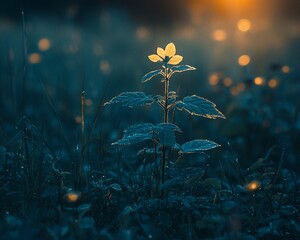 Wall Mural - Single illuminated flower in dark field at dawn.