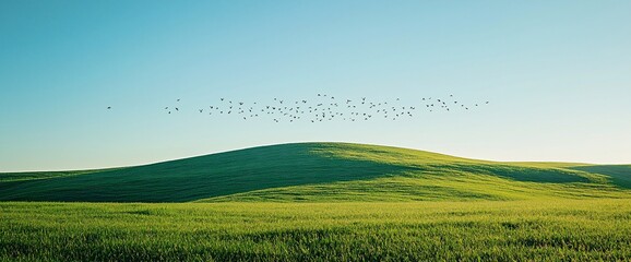 Wall Mural - Birds flying over a green rolling hill under a clear blue sky.