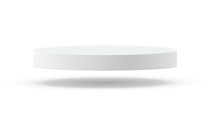 Poster - Empty white round podium, modern pedestal and platform, stand stage, hanging cylinder, flying round empty stage and podium stair 3d template for product presentation, awards - vector
