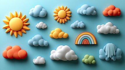 a playful arrangement of weather elements including a sun, clouds, and a rainbow against a blue back