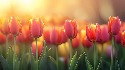 Wall Mural - Sunset illuminates vibrant pink and orange tulips in a field.