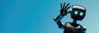 © Svetlana Leuto - friendly robot assistant waves hello, mobile chatbot, computer security on the Internet, horizontal banner, poster, blue background, copy space, free space for text