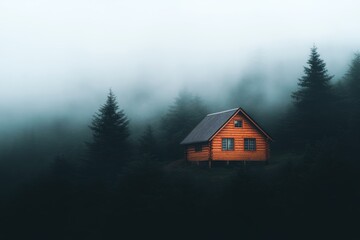 Leinwandbilder - A lone log cabin rests atop a misty hillside, encased by dense trees and enveloped in soft fog, creating a serene and ethereal atmosphere