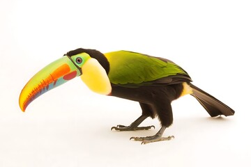a toucan with its brilliantly colored beak perched elegantly on a white background, its striking fea