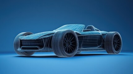 Frontside Futuristic AR car wireframe concept, generative ai, Augmented reality wireframe of car concept with blue background