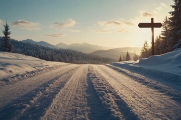 Aufkleber - Wide-angle view of a peaceful snowy field framed by frost-covered pine trees at sunset, featuring a small signpost and lantern, perfect for holiday displays